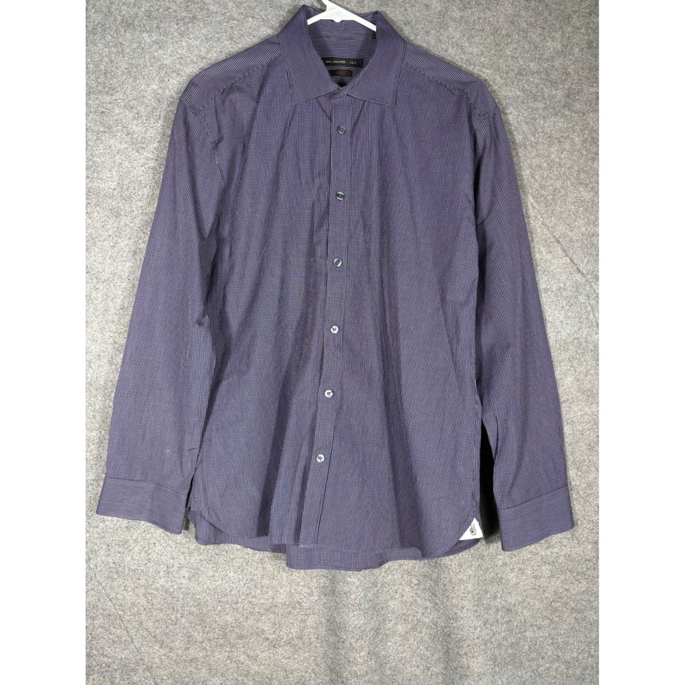 John Varvatos USA Mens Slim Fit Button Down Shirt Navy Blue Micro Check 16 32/33 - Picture 1 of 12